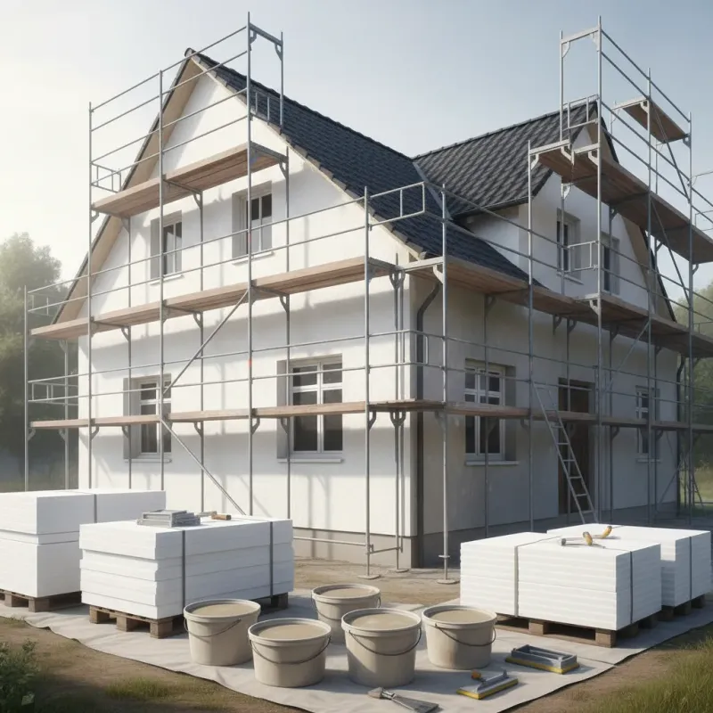 Illustrative Darstellung einer sanierten Hausfassade mit WDVS