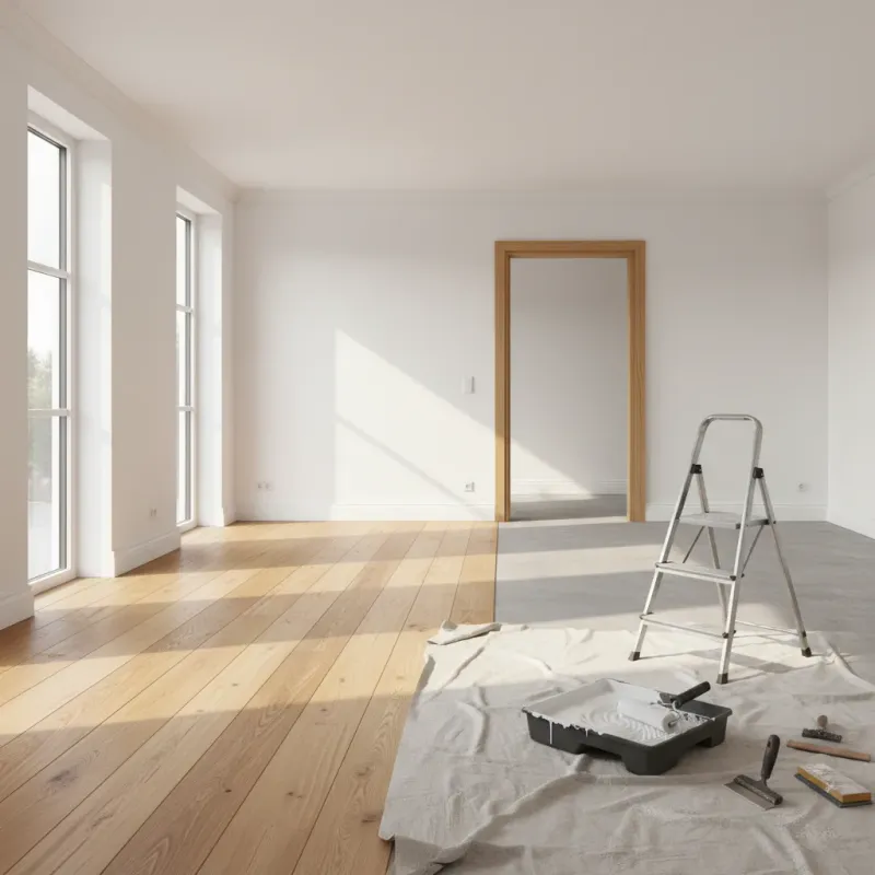 Illustrative Darstellung von Innenausbau-Arbeiten, Trockenbau und Malerarbeiten